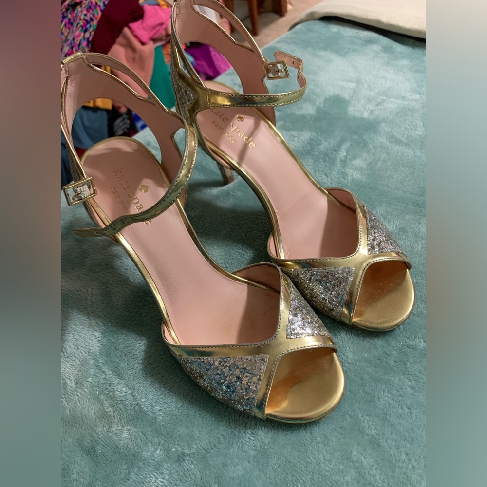 Kate Spade Silver Glitter and Gold Oak Heels
